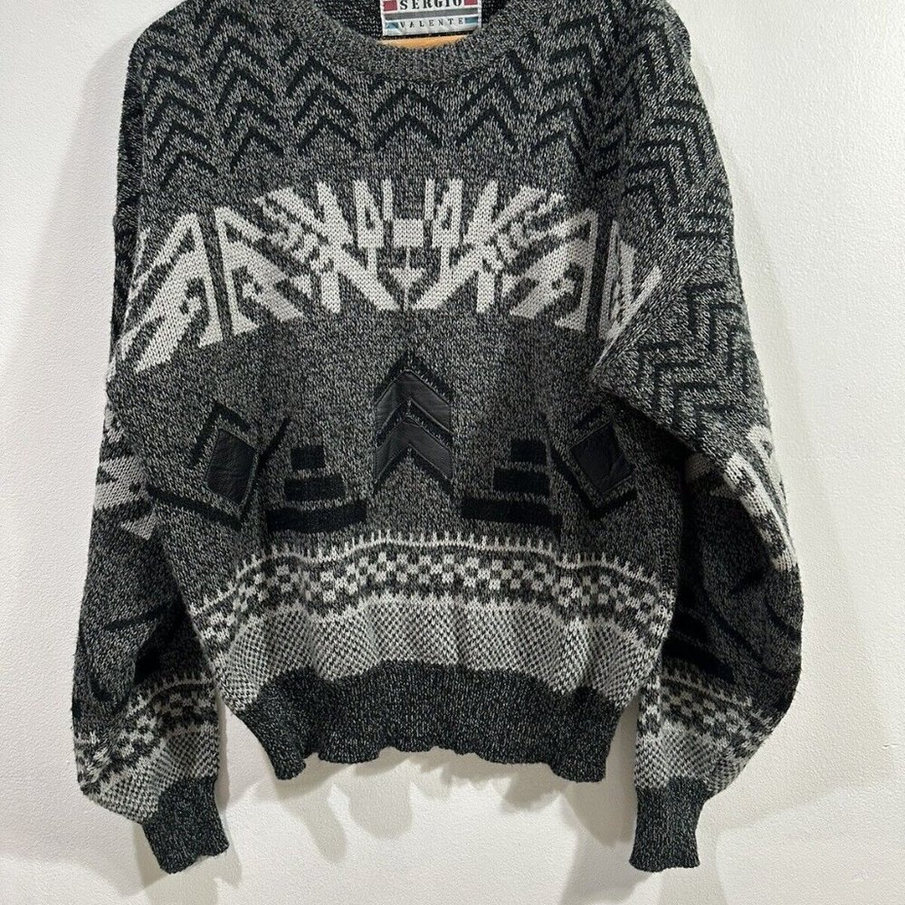 Vintage Sergio Valente Men's Charcoal‎ Sweater Crew Black Leather Patch SZ XL